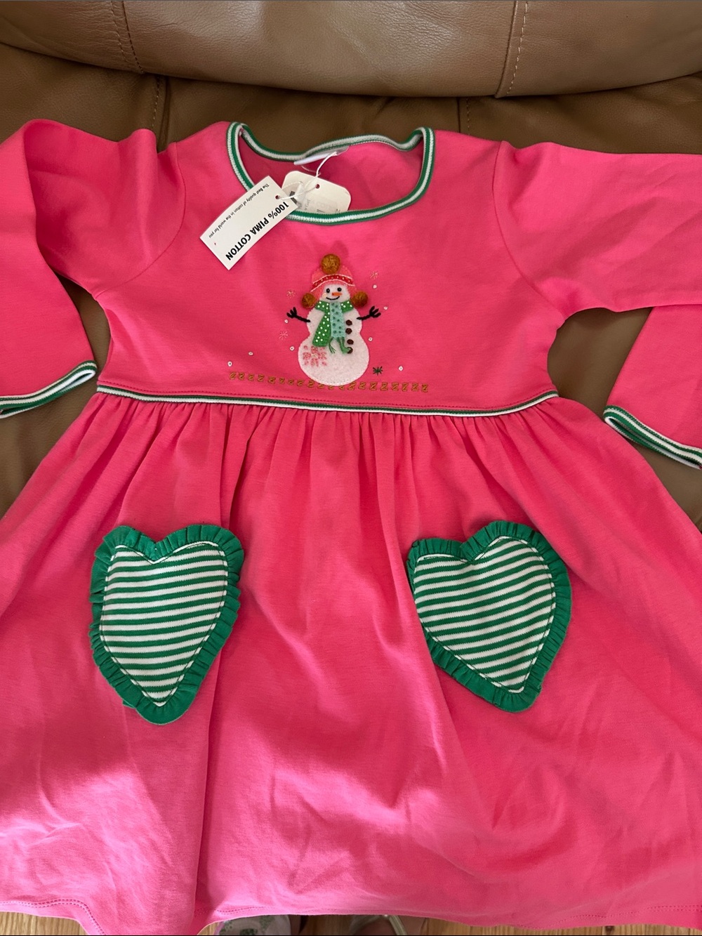 Squiggles by Charlie Pink Snowman dress with Green Trim